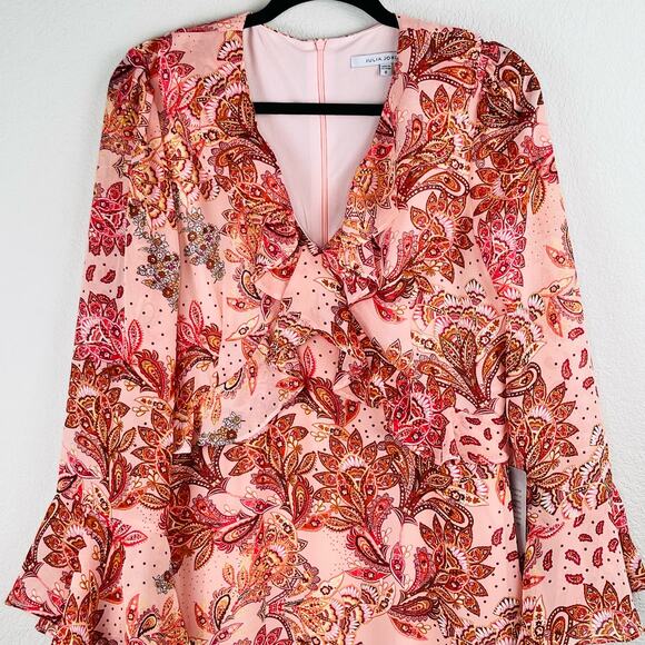 Julia Jordan Ruffled Flounce Bell Sleeve Floral Paisley Pink Midi Dress 8 NWT - Picture 5 of 16